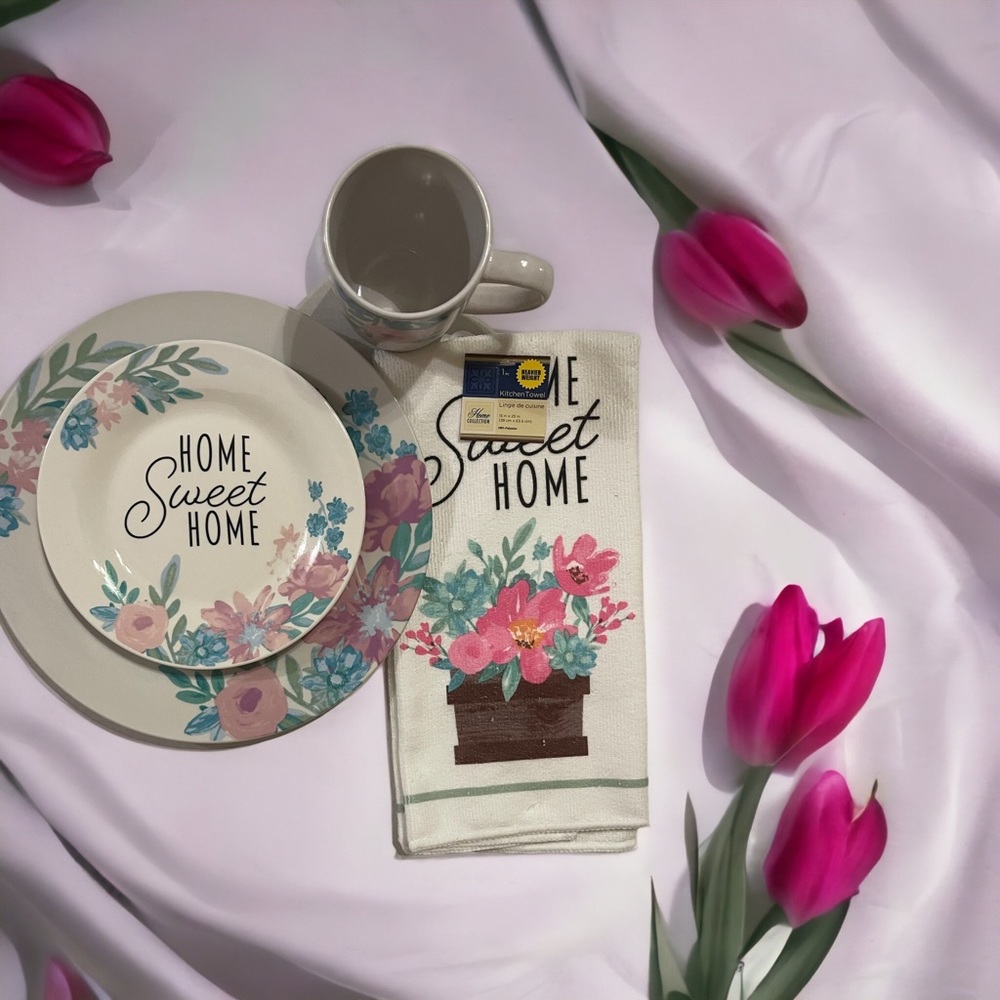 3 PIECE SPRING DECORATIVE CERAMIC DISH WARE AND TOWEL (COFFE MUG NOT INCLUDED)